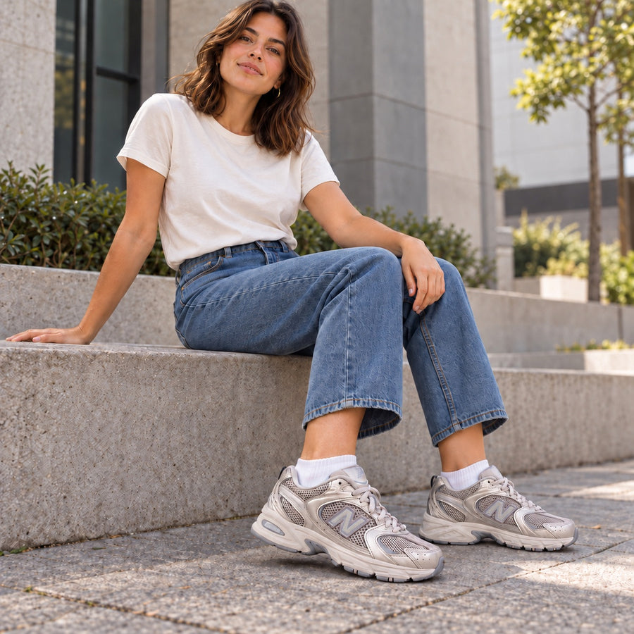 Tênis New Balance 530 Unissex — Com jeans e camiseta branca