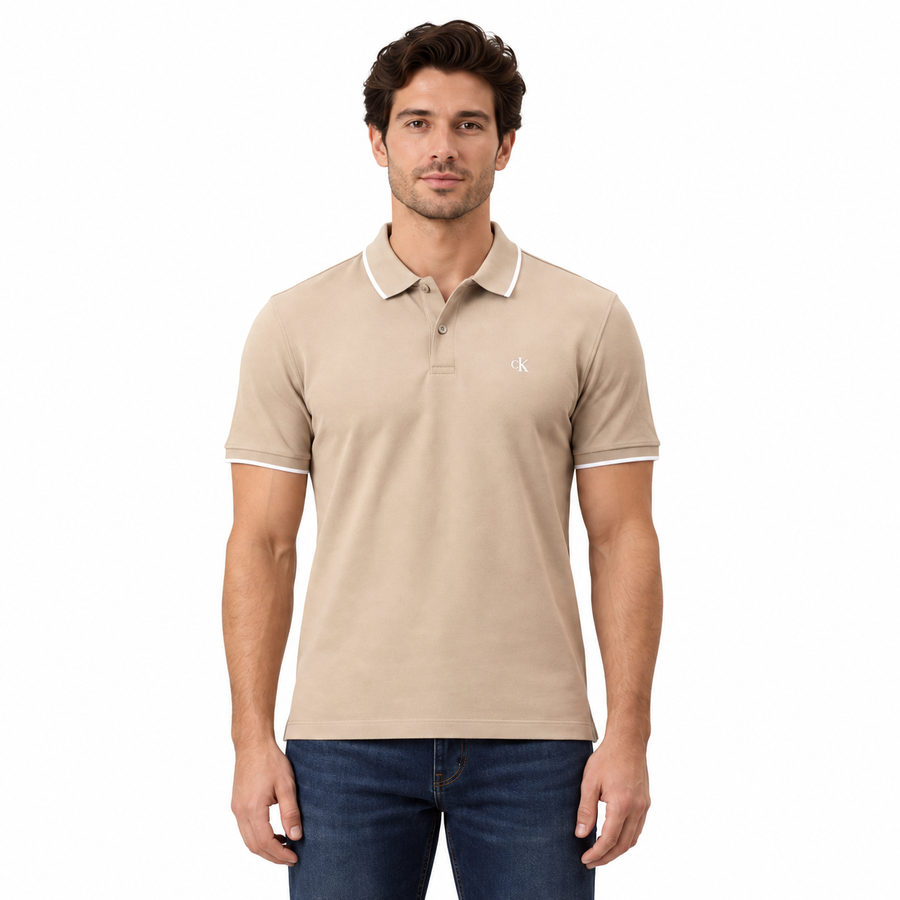 Polo Calvin Klein Friso Masculino — Caqui claro, com friso branco